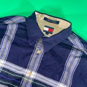 Tommy Hilfiger Mens Large Plaid‎ Striped Short Sleeve Button Up Shirt